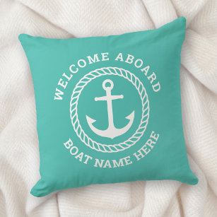 Custom boat name welcome aboard anchor rope teal cushion