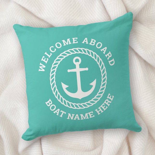 Custom boat name welcome aboard anchor rope teal cushion (Creator Uploaded)