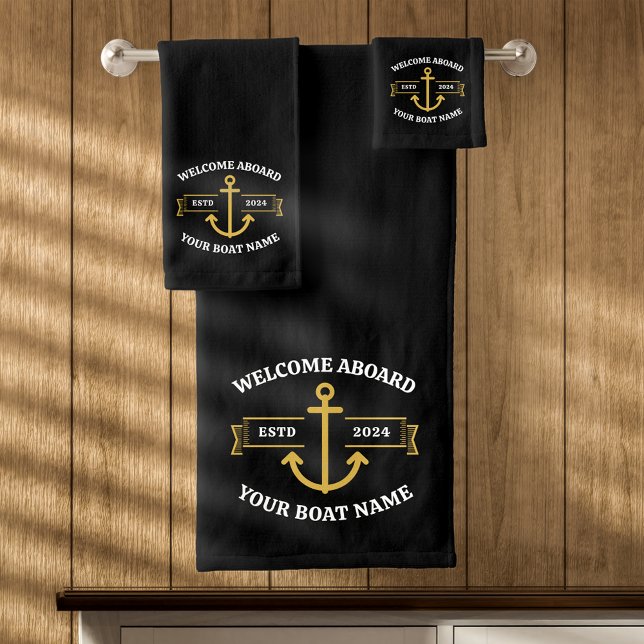Custom Boat Name Welcome Aboard Black & Gold Bath Towel Set (Creator Uploaded)