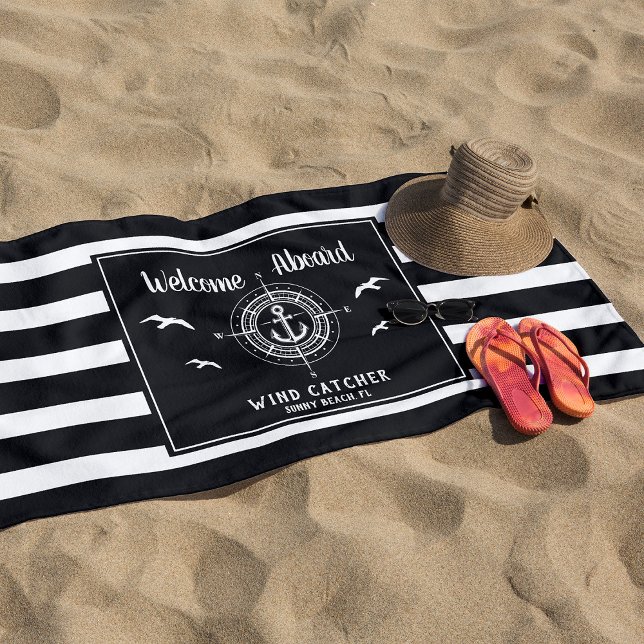 Custom Boat Name Welcome Aboard Compass Beach Towel (Creator Uploaded)
