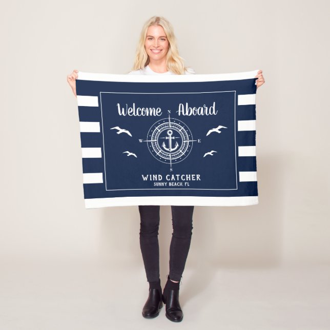 Custom Boat Name Welcome Aboard Compass Fleece Blanket (In Situ)