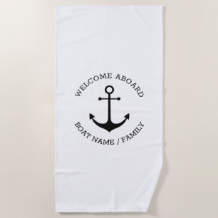 Custom Boat name Welcome Aboard nautical anchor Beach Towel