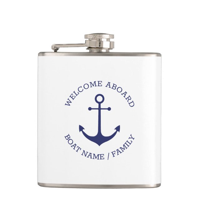 Custom Boat name Welcome Aboard nautical anchor Hip Flask (Front)