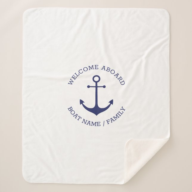 Custom Boat name Welcome Aboard nautical anchor Sherpa Blanket (Front)