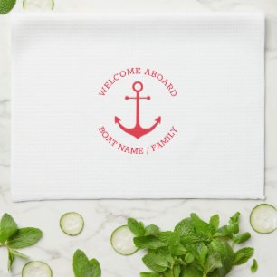 Custom Boat name Welcome Aboard nautical anchor Tea Towel