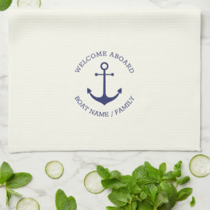 Custom Boat name Welcome Aboard nautical anchor Tea Towel