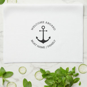 Custom Boat name Welcome Aboard nautical anchor Tea Towel