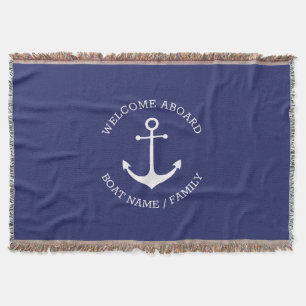Custom Boat name Welcome Aboard nautical anchor Throw Blanket