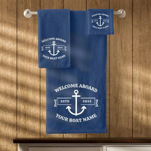 Custom Boat Name Welcome Aboard Navy Blue Anchor Bath Towel Set