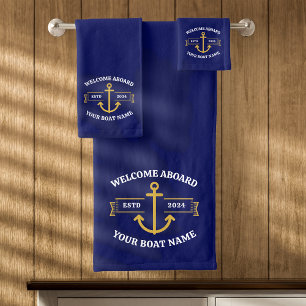 Custom Boat Name Welcome Aboard Navy Blue & Gold Bath Towel Set