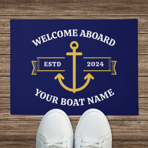 Custom Boat Name Welcome Aboard Navy Blue Gold Doormat