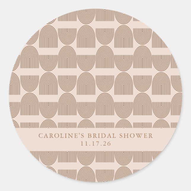 Custom Boho Arch Pattern Neutral Tones Shower Text Classic Round Sticker (Front)