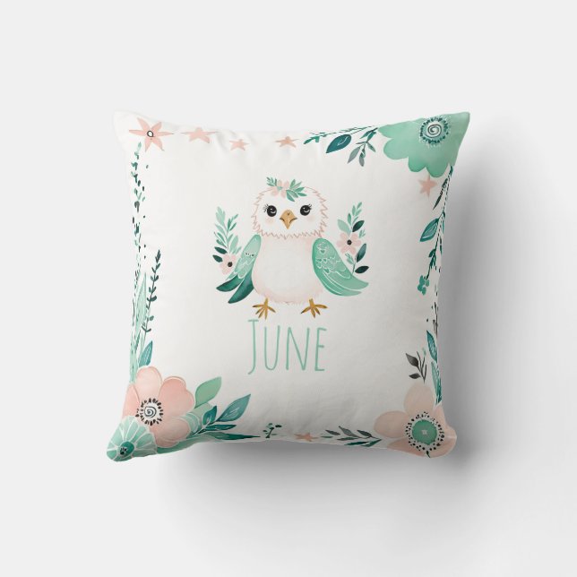 Custom Boho Baby Bird Pillow Pastel Green  (Back)