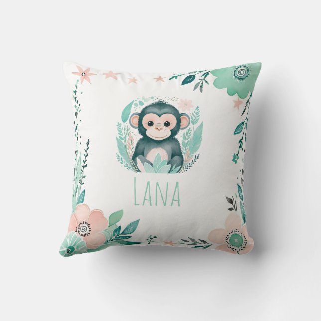 Custom Boho Baby Monkey Pillow Pastel Green  (Back)