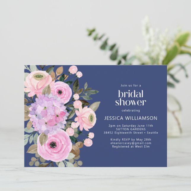 Custom Boho Blue Pink Purple Floral Bridal Shower Invitation (Standing Front)