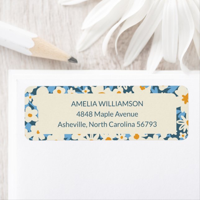 Custom Boho Blue White Floral Return Address (Insitu)