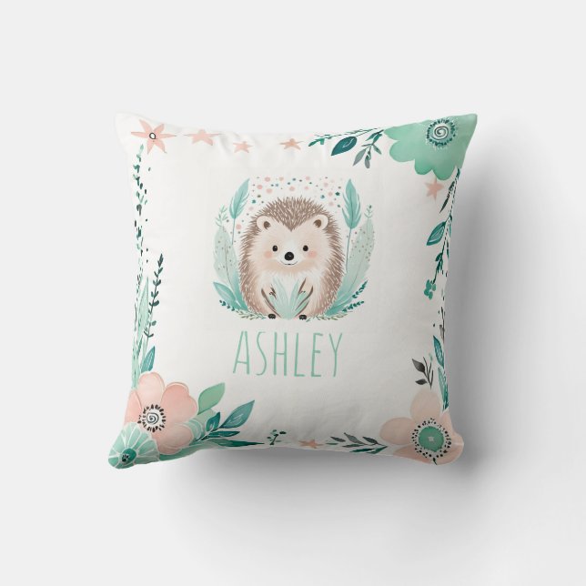 Custom Boho Cute Hedgehog Pillow Pastel Green  (Back)