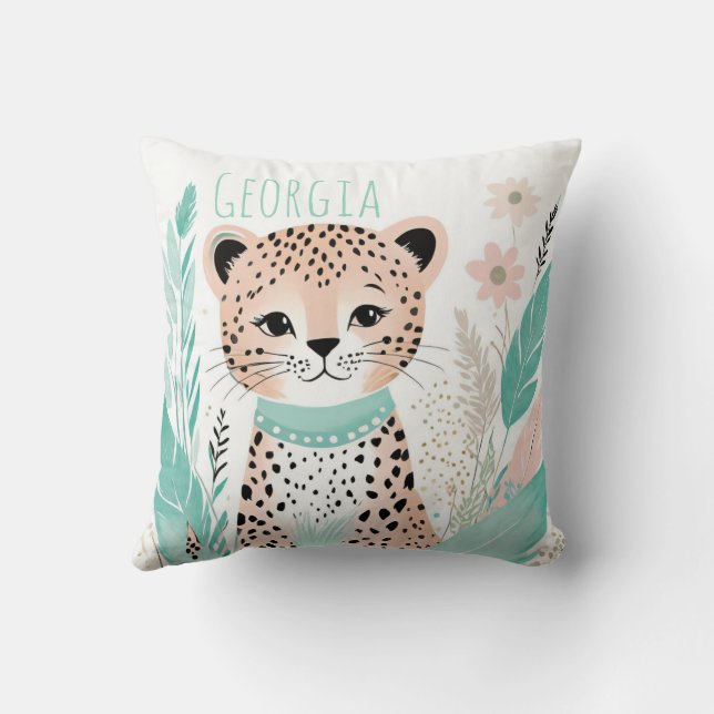 Custom Boho Cute Leopard Pillow Pastel Green  (Back)