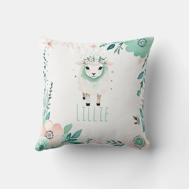 Custom Boho Cute Sheep Pillow Pastel Green  (Back)