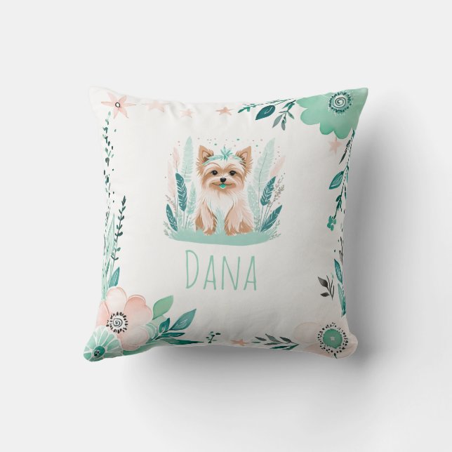 Custom Boho Cute Yorkshire Pillow Pastel Green  (Back)
