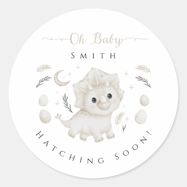 Custom Boho Dinosaur Hatching Soon Baby Shower Classic Round Sticker (Front)