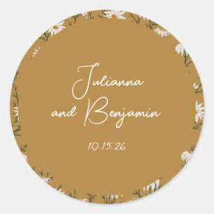 Custom Boho Floral Yellow Script Names Wedding Cla Classic Round Sticker