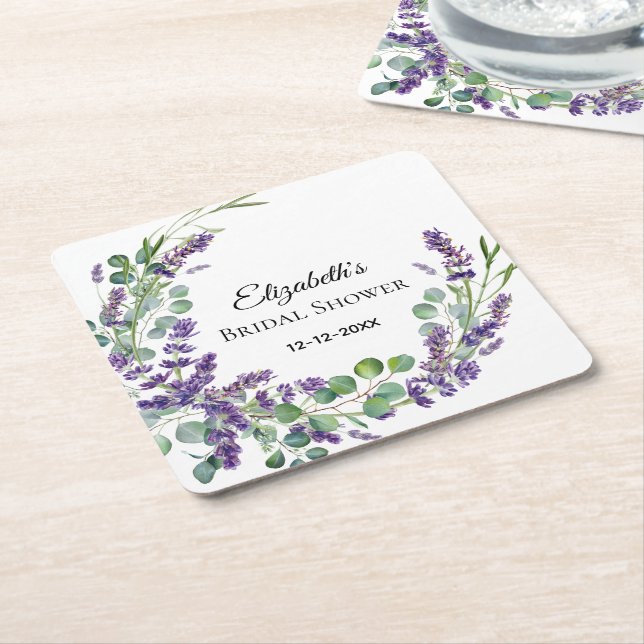 Custom Boho Lavender Eucalyptus Bridal Shower   Square Paper Coaster (Angled)