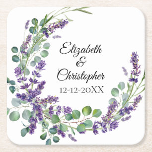 Custom Boho Lavender Eucalyptus Wedding Square Paper Coaster