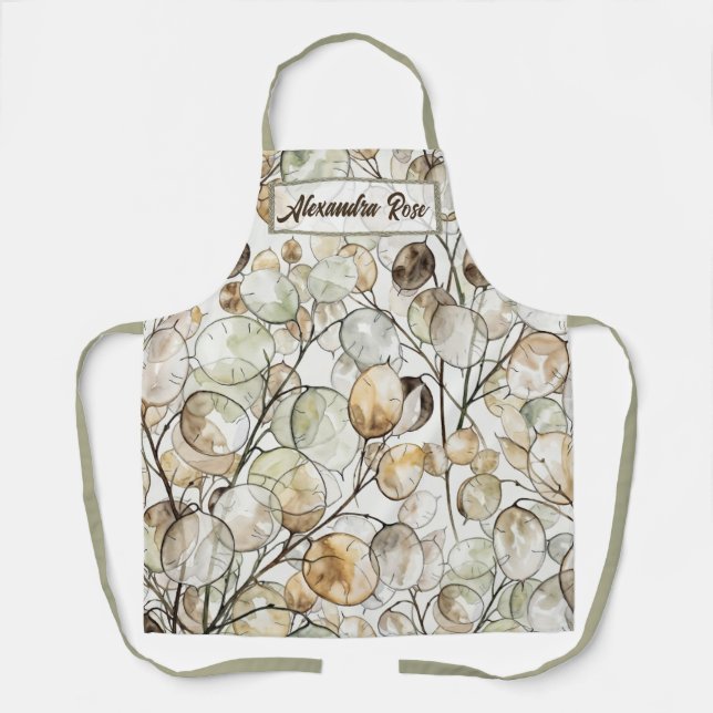 Custom Boho Lunaria Watercolor Pattern Botanical Apron (Front)