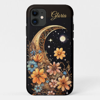 Custom Boho Moon Flowers iPhone Case