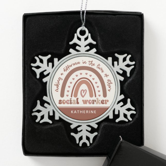 Custom Boho Rainbow Social Worker Appreciation Snowflake Pewter Christmas Ornament (Box)
