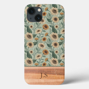 Custom Boho Sunflowers Wood Effect iPhone 13 Case