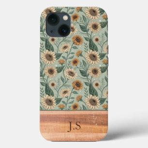 Custom Boho Sunflowers Wood Effect iPhone 13 Case