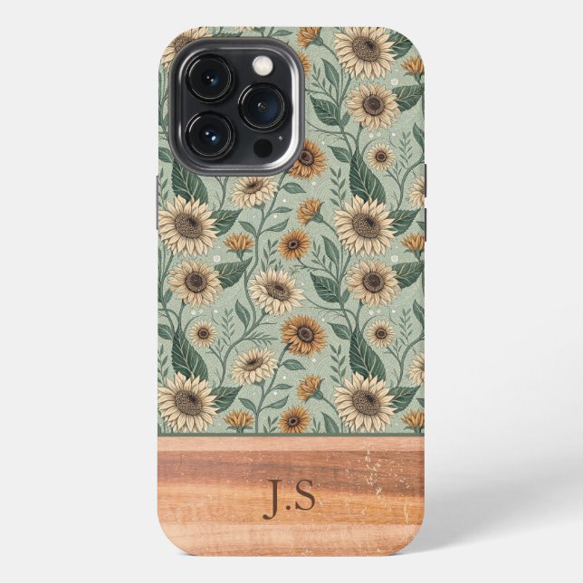 Custom Boho Sunflowers Wood Effect iPhone Case (Back)