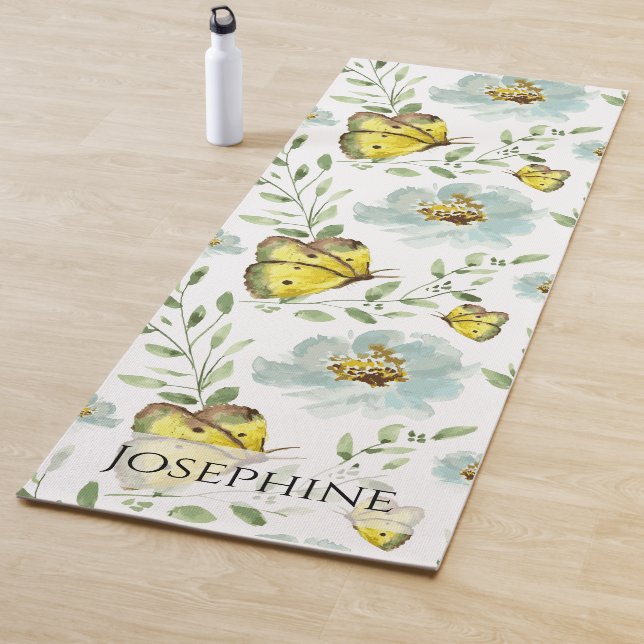 Custom Boho Watercolor butterfly flower pattern Yoga Mat (In Situ)