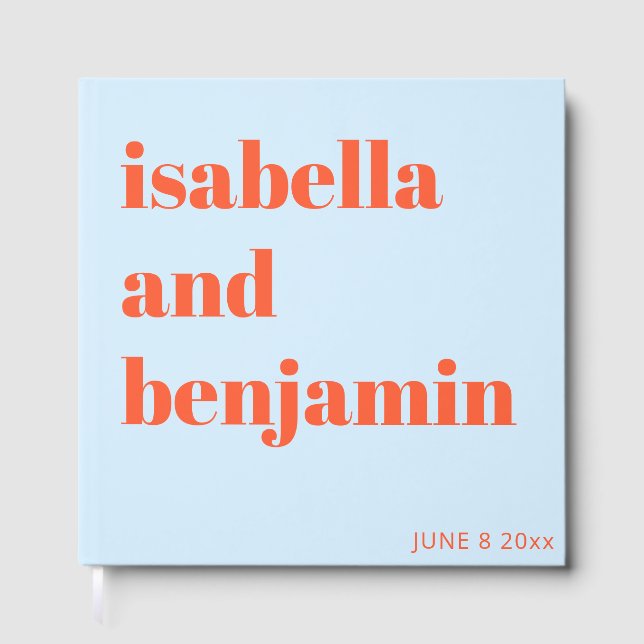 Custom Bold Names Modern Blue Orange Wedding Guest Book (Front)