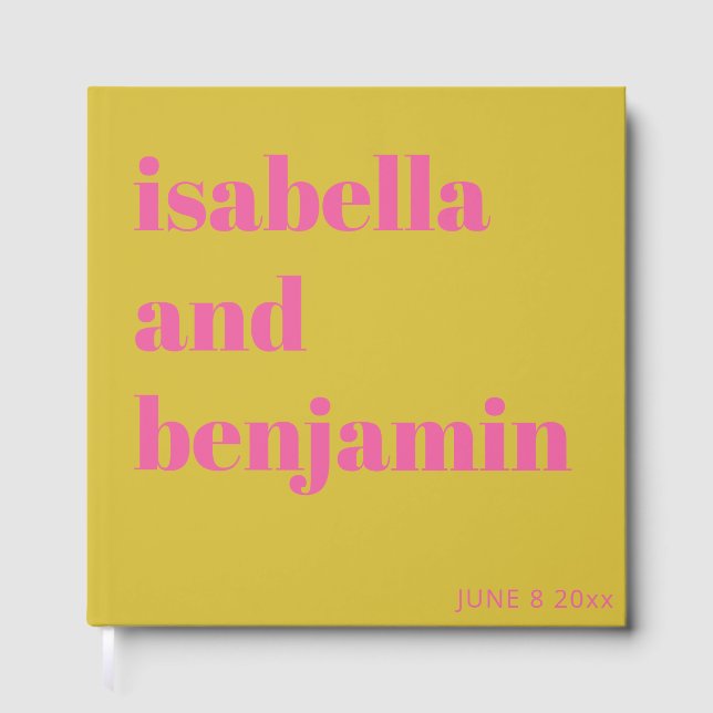 Custom Bold Names Modern Chartreuse Pink Wedding Guest Book (Front)