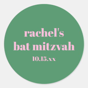 Custom Bold Pink Green Cute  Modern Bat Mitzvah Classic Round Sticker