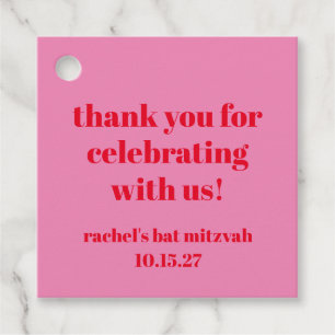 Custom Bold Pink Red Modern Bat Mitzvah Thank You Favour Tags