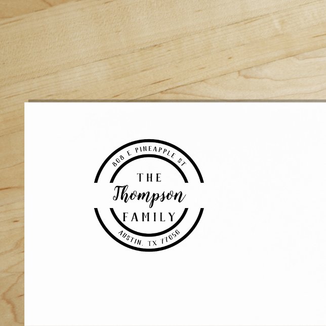 Custom | Bold Script Family Name | Return Address Rubber Stamp ("Everyday is abundantly beautiful." 
Sincerely Best Wishes from Lucky Design World)