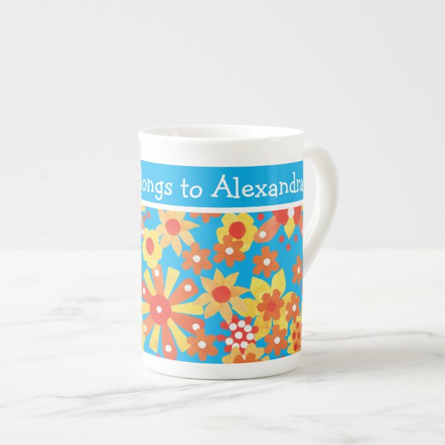 Custom Bone China Mug, Ditzy Orange Flowers Mug (Front Right)