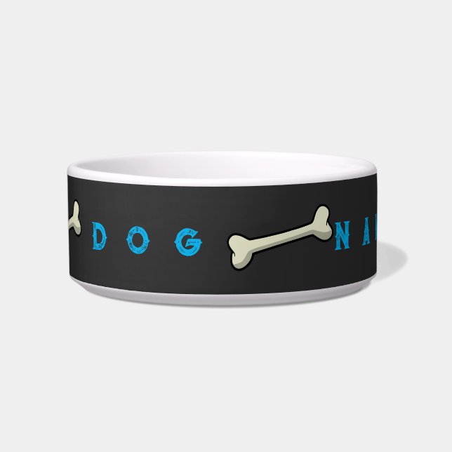 Custom Bone Image Sky Blue Colour Text Ceramic Pet Bowl (Front)