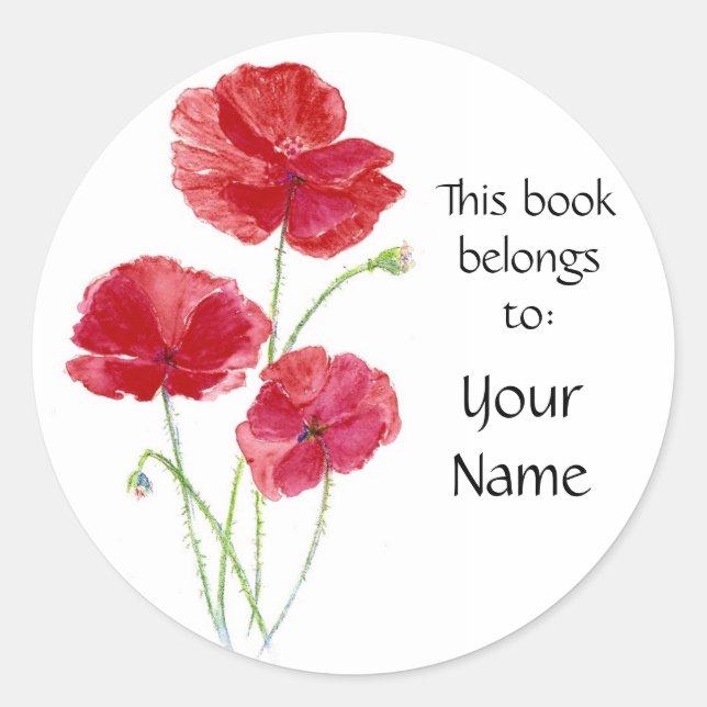 Custom - Book Plate - Red Poppies - Watercolor Classic Round Sticker (Front)