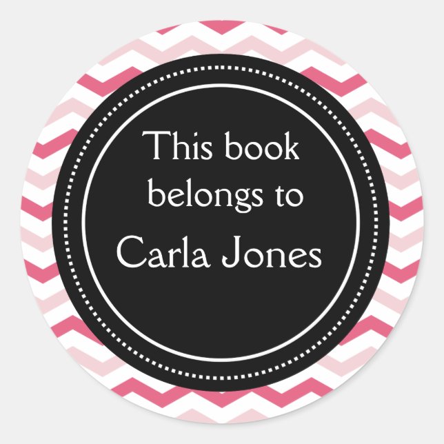 Custom Bookplates | Pink  Chevron Stripes Classic Round Sticker (Front)
