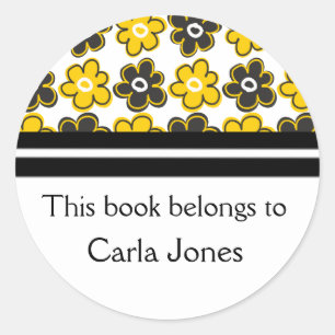 Custom Bookplates Yellow Black Retro Flowers Classic Round Sticker