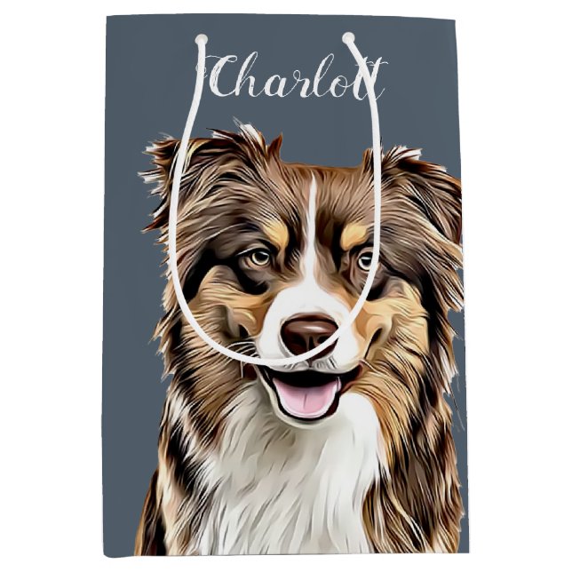 Custom Border Collie Dog Personalised Drawing Medium Gift Bag (Front)