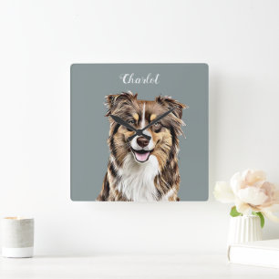 Custom Border Collie Dog Personalised Drawing Square Wall Clock