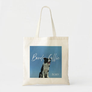 Custom Border Collie Photo Retro Blue Typography Tote Bag