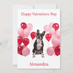 Custom Boston Terrier Pink Red Balloons Valentine Holiday Card