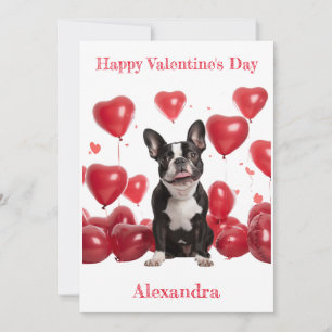 Custom Boston Terrier Red Hearts Balloon Valentine Holiday Card
